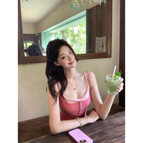 粉色拼接撞色假两件吊带背心女夏