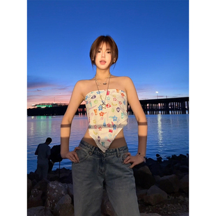 彩色夏日滿印小糖果抹胸背心女夏外穿內(nèi)搭海邊度假風辣妹方巾上衣