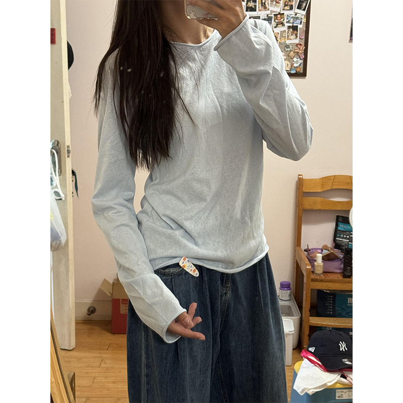 韩系蓝色正肩长袖t恤女早秋季