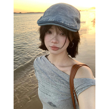 韩系chic气质露肩短袖t恤女夏季修身斜肩设计感小众别致独特上衣