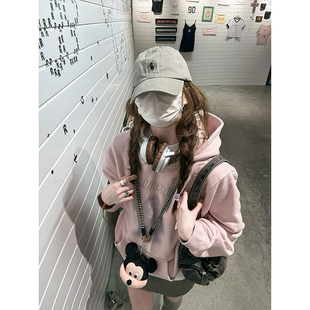 韩系复古慵懒chic粉色连帽卫衣女春秋新款 吉祥物印花甜酷宽松外套