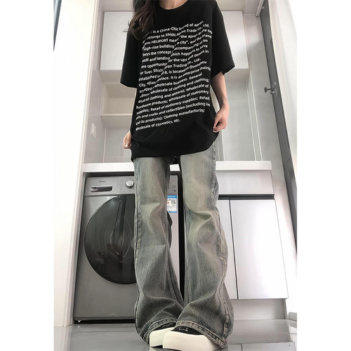 美式复古浅色微喇牛仔裤女夏季