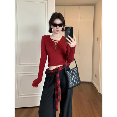 圣诞氛围红色针织衫女秋冬设计感