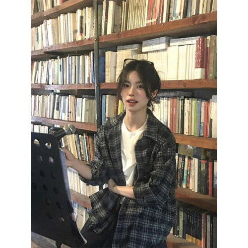 美式复古格子长袖衬衫女春秋2025