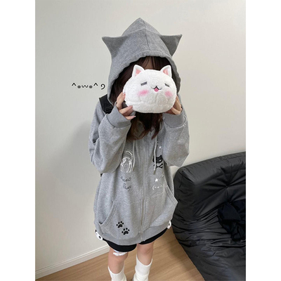 美式复古骷髅猫咪灰色卫衣外套女