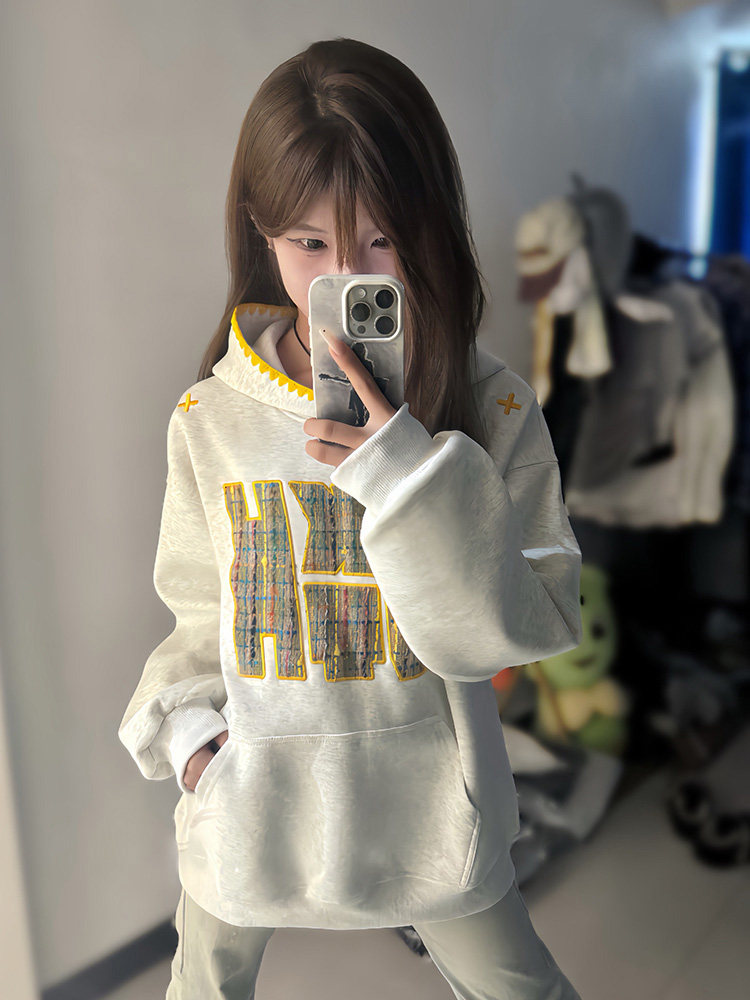 National trend brand American-style woven patch embroidery hoodie for women, autumn and winter, fleece-lined, thick, oversized, loose, hooded jacket