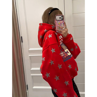 美式复古星星字母红色连帽卫衣女秋冬加绒加厚宽松百搭慵懒风外套