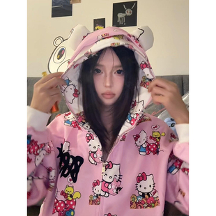 美式可爱恶搞kitty粉白双帽外套女秋冬季设计感小众连帽开衫卫衣