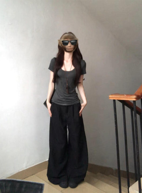 纯棉u领正肩灰色短袖t恤女夏季新款休闲百搭纯欲性感辣妹遮肉上衣