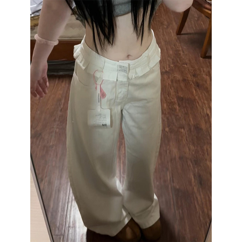 韩系白色花边直筒牛仔裤女夏季薄款设计感高腰显瘦宽松阔腿弯刀裤,女装/女士精品,牛仔裤,淘宝优惠券,粉丝福利购,淘宝优惠卷