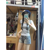 复古显瘦低腰包臀直筒阔腿裤 美式 新款 女夏季 高街水洗辣妹牛仔短裤