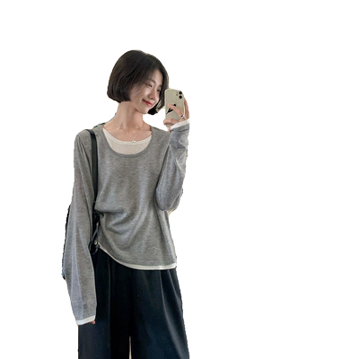 设计感假两件长袖t恤女春秋宽松