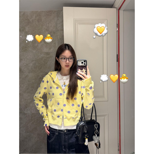 韩系奶黄色波点连帽卫衣外套女