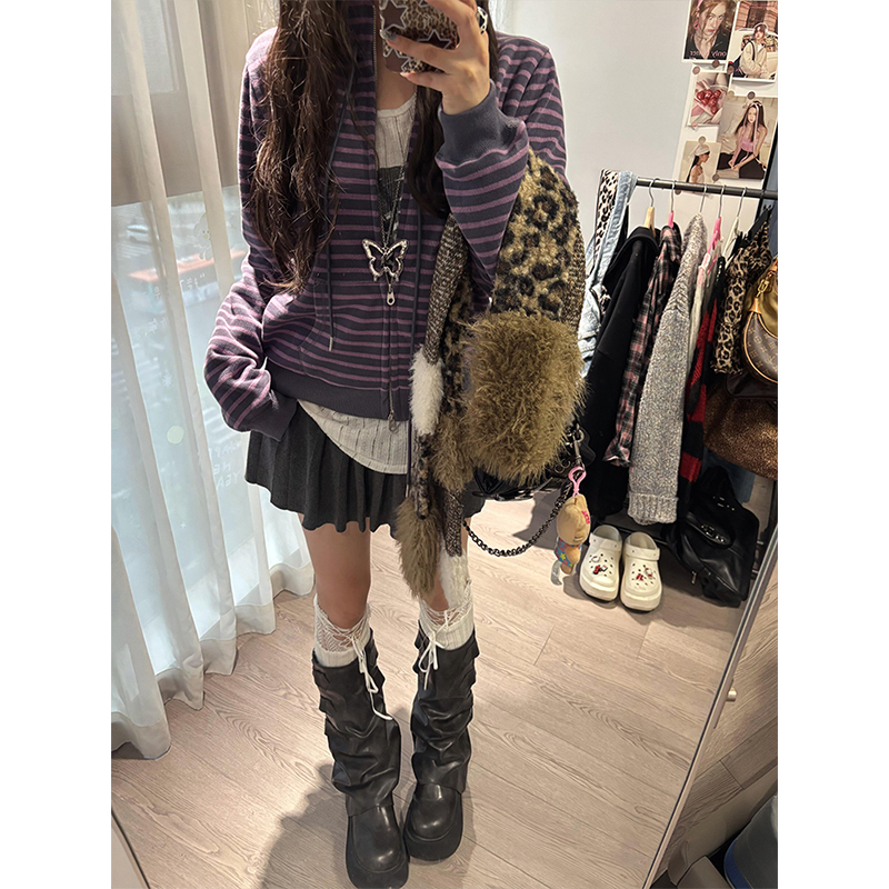 紫灰条纹轻亚风立领短款外套女秋