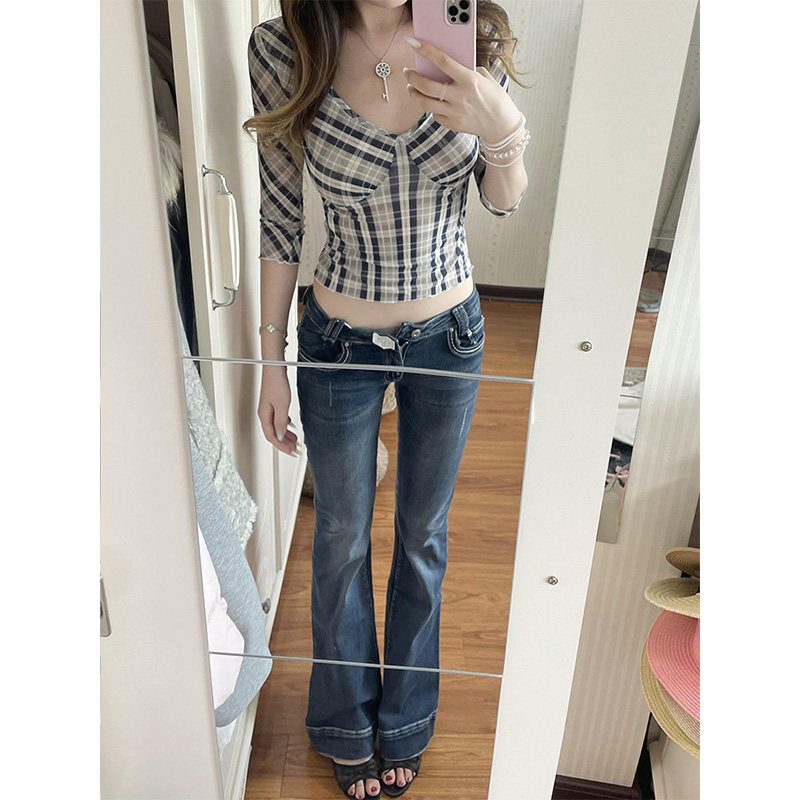 美式复古八分袖格纹v领t恤女2025