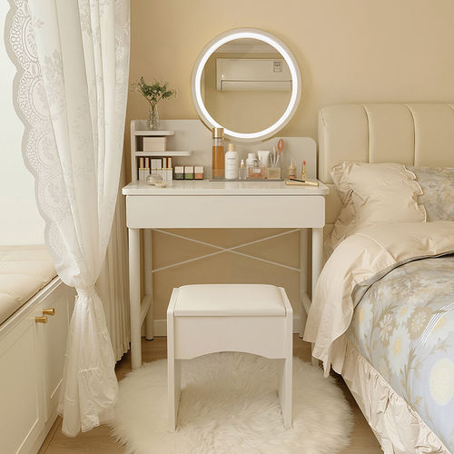化妆台小型卧室小户型化妆台奶油风不占空间化妆桌收纳牀头柜一体