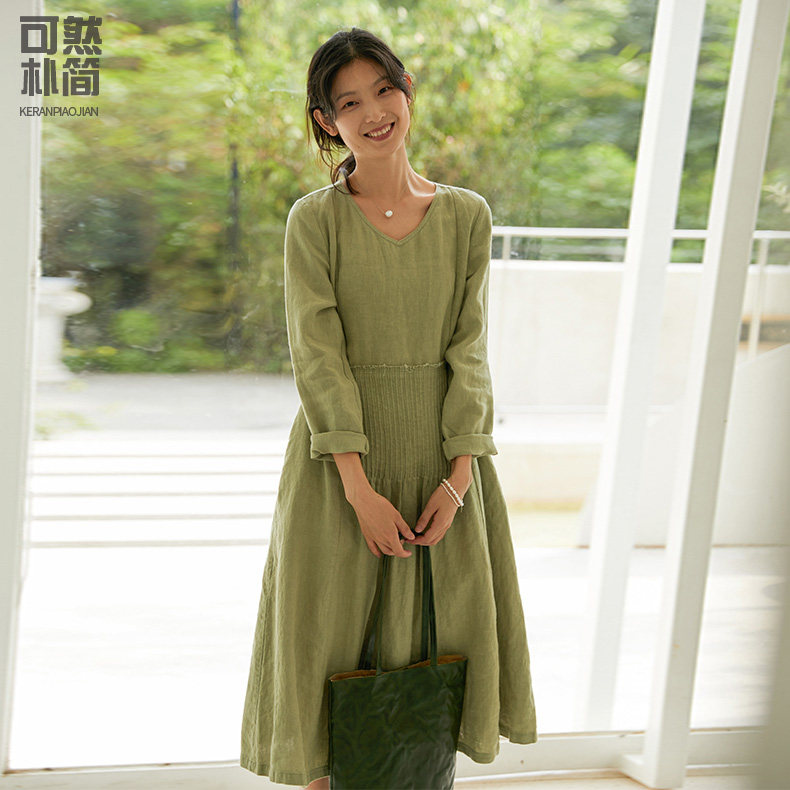 可然朴简若淑/全亚麻 双层不透纯手工风琴褶连衣裙女秋季中长款