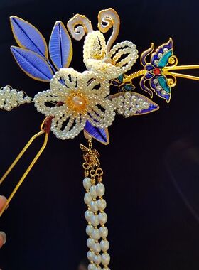 原创缉珠仿点翠金边真丝缠花流苏头饰发簪汉服簪子古风旗袍发饰
