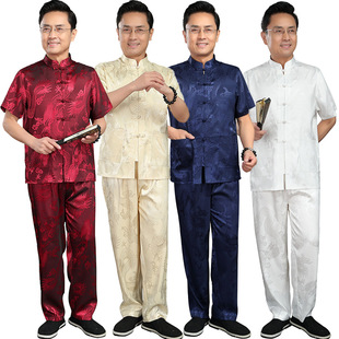 夏季唐装男中老年男居士服中国风男式汉服晨练服绸缎套装民族服装