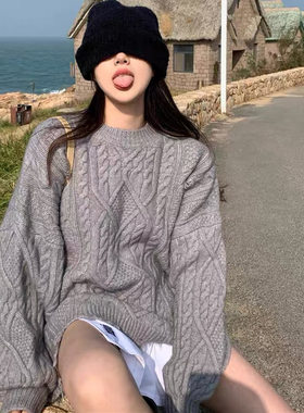 狗啃破洞麻花毛衣女秋冬2022年新复古宽松外穿韩系慵懒风针织衫女