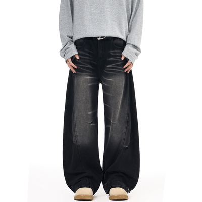 Ariess∣美式复古水洗拼接弯刀牛仔裤男士宽松直筒拖地阔腿长裤