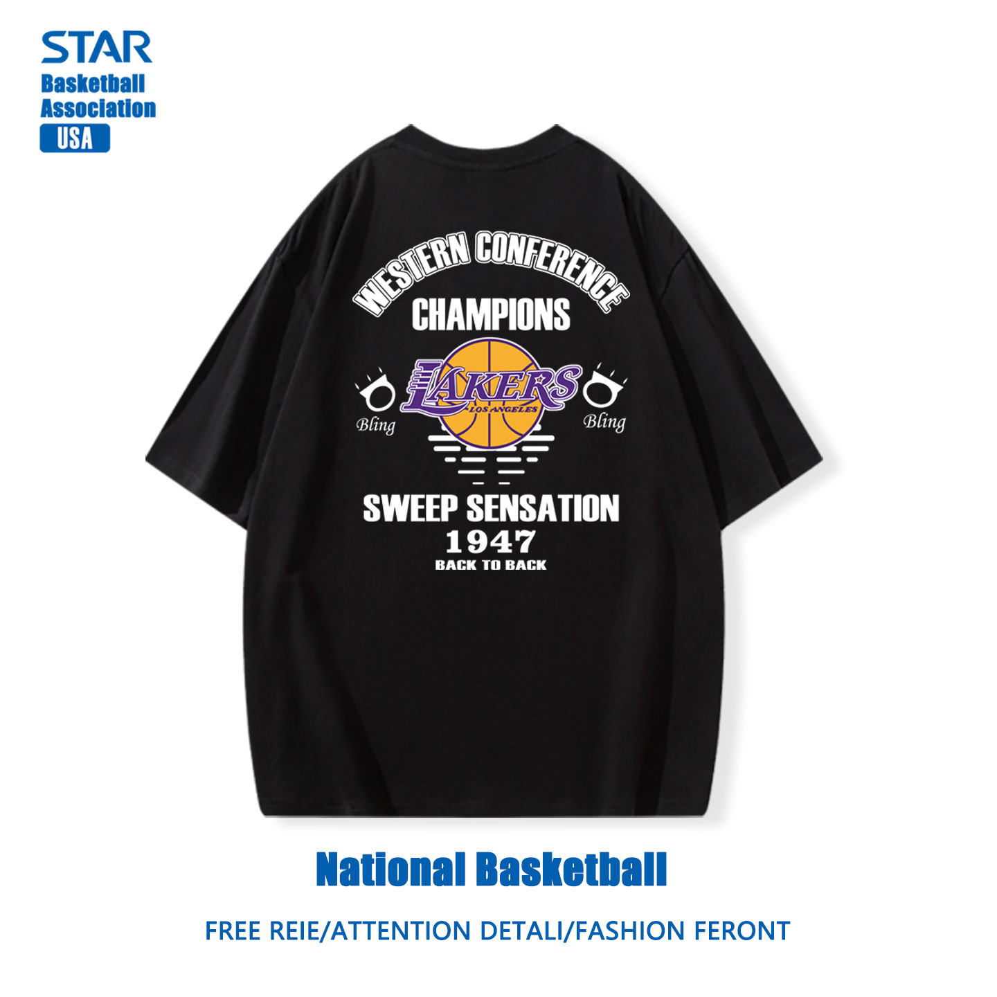 湖人队纪念T恤美式潮牌短袖男款宽松休闲上衣服篮球运动训练半袖