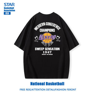 湖人队纪念T恤美式潮牌短袖男款宽松休闲上衣服篮球运动训练半袖