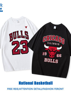 t恤公牛队23号球衣美式复古篮球服运动男红色短袖罗德曼纯棉衣服