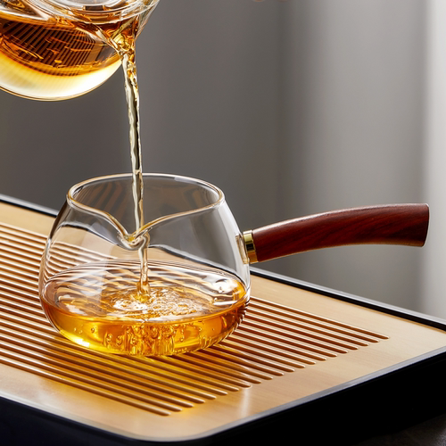 公道杯加厚耐热玻璃侧把公杯泡茶杯高硼硅木把茶海茶具配件