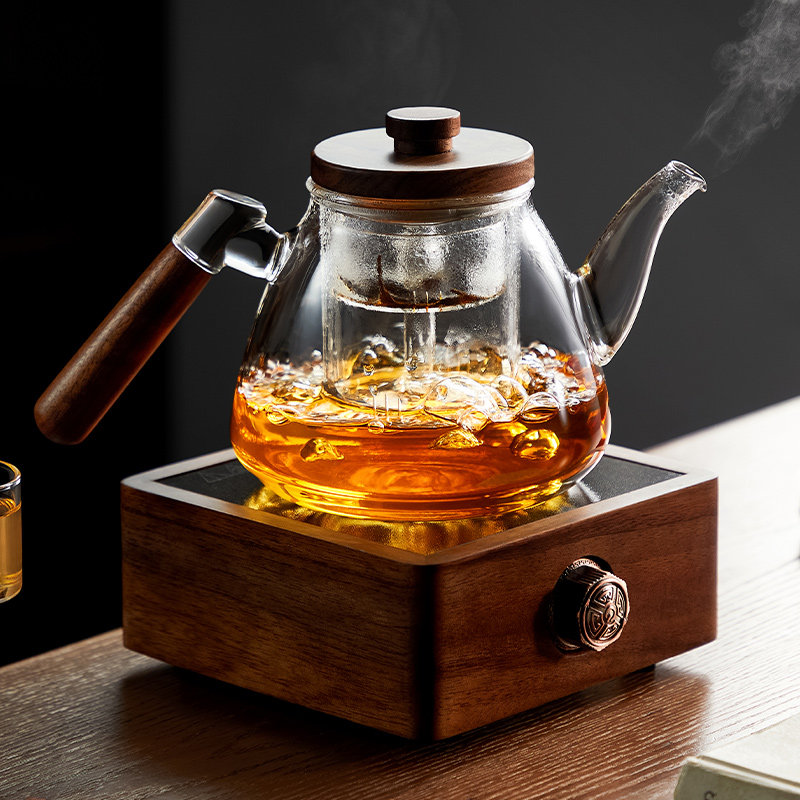 忆壶茶电陶炉煮茶套装家用胡桃木煮茶器蒸煮一体玻璃茶壶围炉煮茶