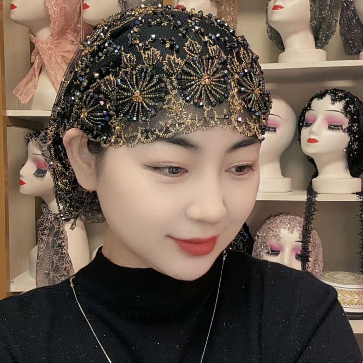 民族风刺绣套头帽女黑色手工包头帽绣花盖白发四季透气薄款帽子