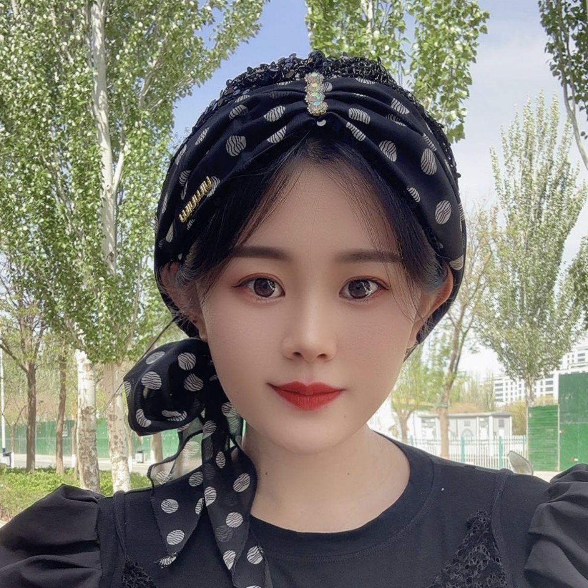 夏季薄款波点飘带包头帽女