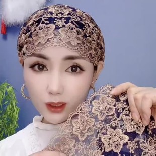 蕾丝刺绣纱帽头巾帽子遮白发帽民族女士松紧堆堆帽双层百搭包头帽