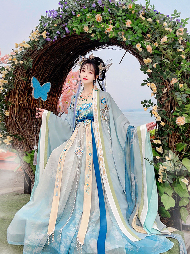 QINGHE 원래 MYROBALAN 스커트 HANFU 여성 2024 새로운 당나라에서 만든 개선된 대형 소매 셔츠 중공업 MYROBALAN 스커트 요정 고대 의상