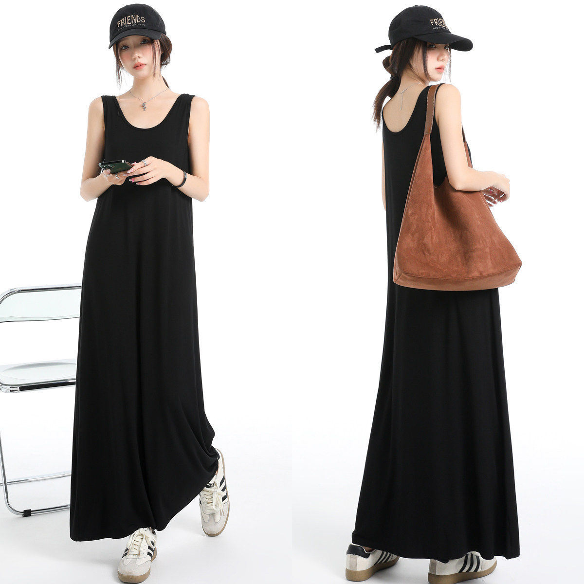 莫代尔长裙A字遮肚吊带裙外穿无袖背心大摆裙宽松内搭打底连衣裙