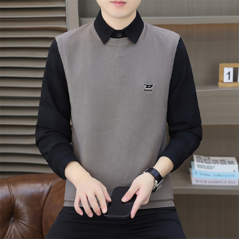 男士衬衫领毛衣2025年秋冬新款男装青年时尚休闲潮流假两件针织衫