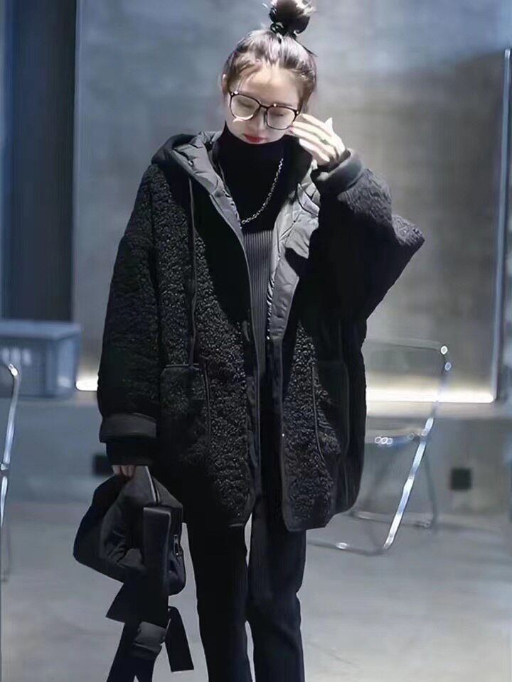 高级感羊羔绒外套女2023年秋冬欧版新款内里夹棉连帽宽松中长棉衣