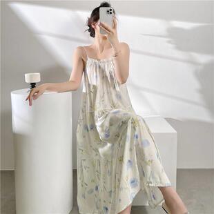 棉绸睡裙夏薄款洋装公主风吊带裙人造棉睡衣沙滩度假长裙可外穿