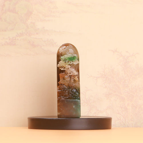 天然老料冰天蓝料独山玉莲花鱼亭人物摆件平安富贵收藏工艺品印章