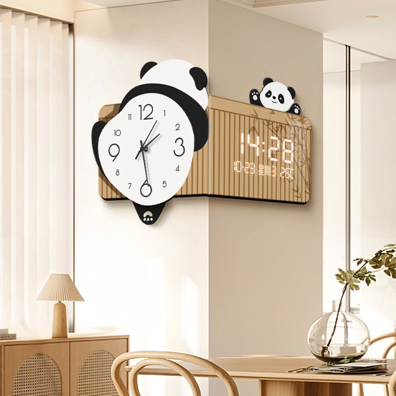 熊猫创意转角挂钟客厅装饰拐角时钟挂墙原木风双面万年历电子钟表