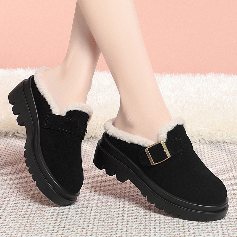 2025年真皮厚底外穿毛毛鞋女新款韩版半拖保暖加绒懒人一脚蹬棉鞋
