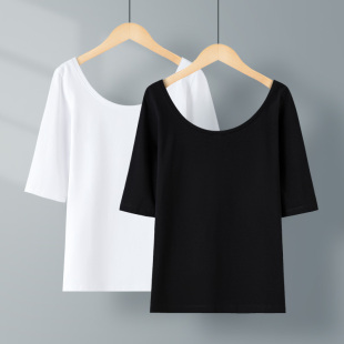 大圆领中袖 打底衫 t恤女上衣春夏季 纯色精梳棉五分袖 新款 黑色修身