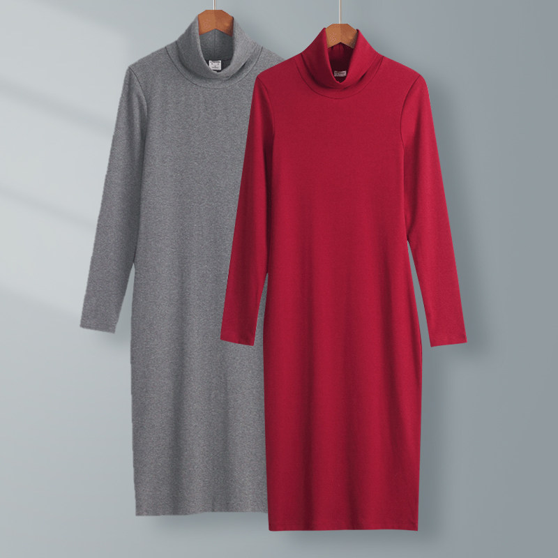 酒红色修身罗纹棉高领长袖打底裙女春秋纯色中长款紧身收腰连衣裙