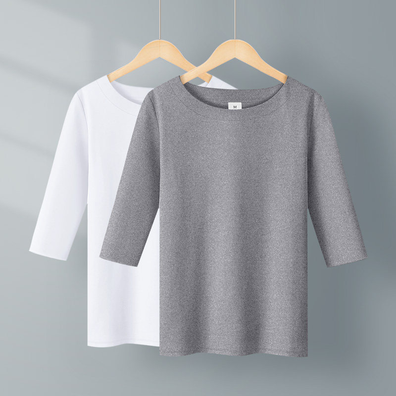 黑色中袖t恤女夏新款修身打底内搭大码螺纹百搭纯色一字领七分袖,女装/女士精品,T恤,淘宝优惠券,粉丝福利购,淘宝优惠卷