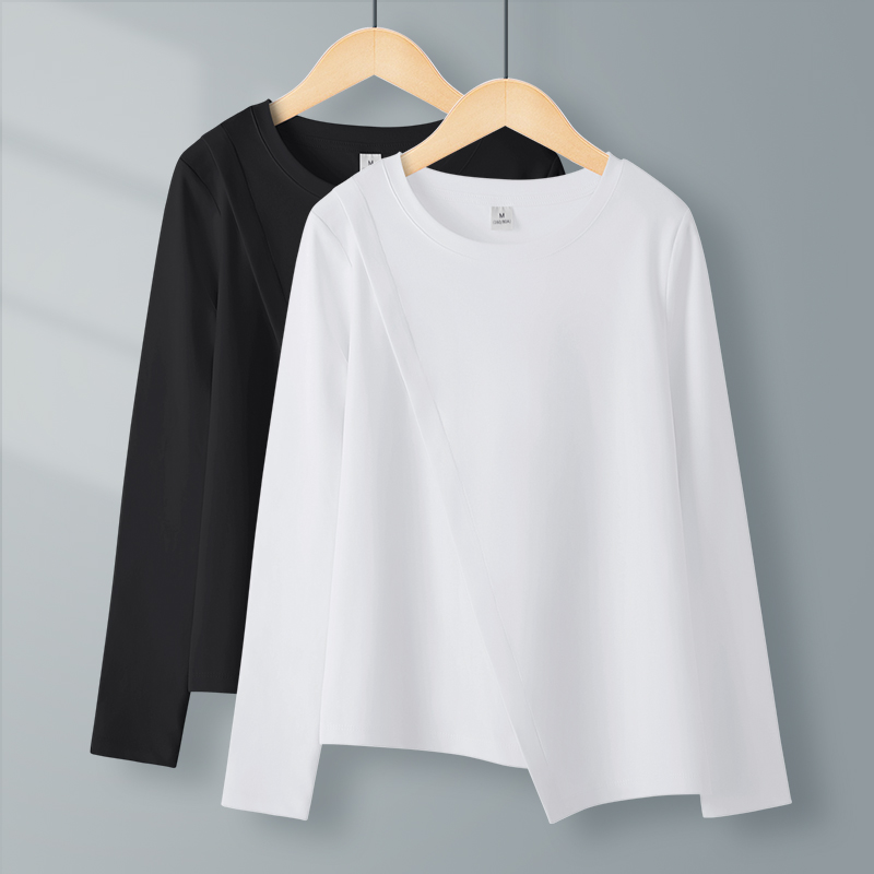 黑色圆领不规则下摆长袖T恤女