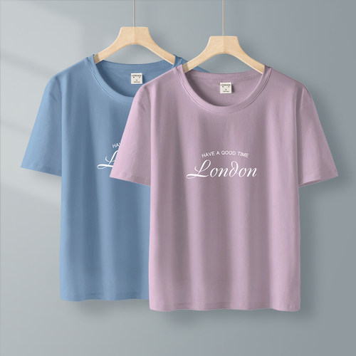 紫色宽松精梳棉印花短袖t恤女夏