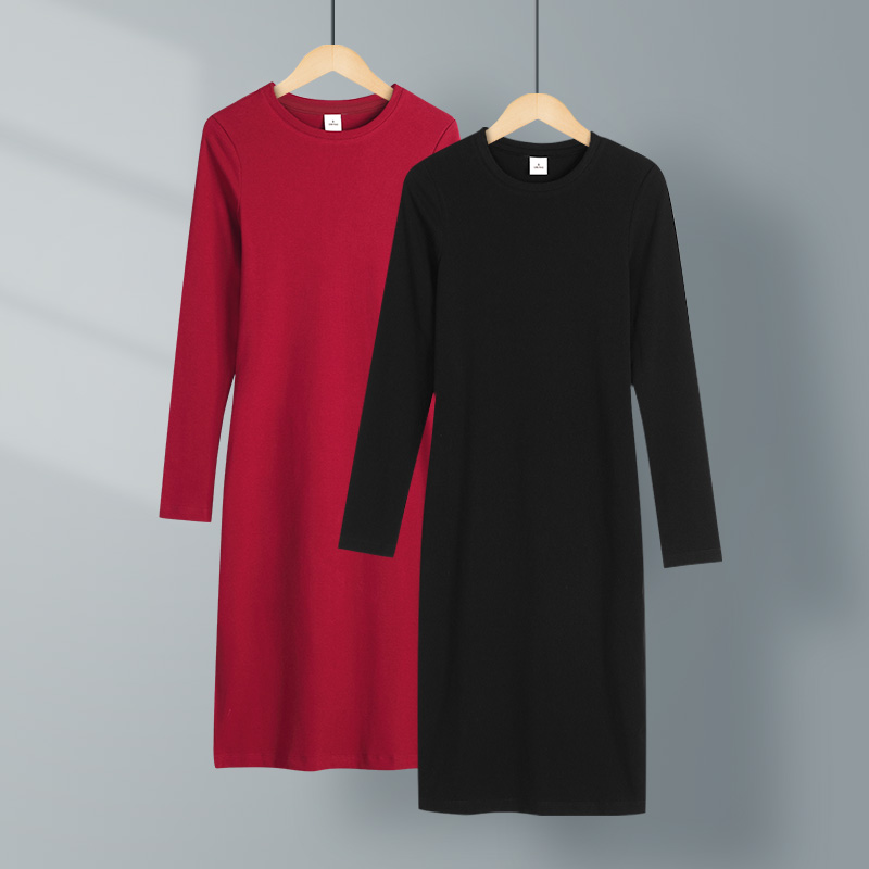 黑色螺纹棉修身长袖连衣裙女打底