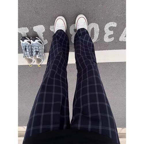 深蓝色格子裤男女夏季高级感痞帅微喇裤子美式复古休闲运动直筒裤