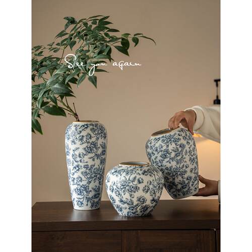 法式中古风陶瓷花瓶覆古怀旧手工青花瓷陶罐客厅玄关高档插花摆件