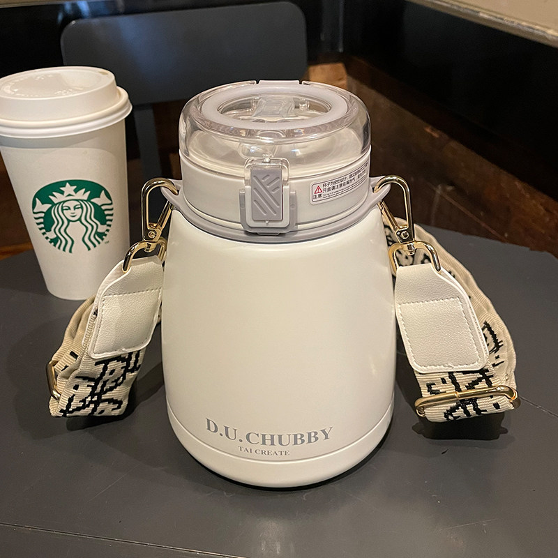 网红大肚保温杯大容量女高颜值水杯子带吸管学生可爱便携背带水壶